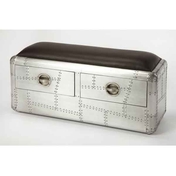 Aviator Leather Bench With Drawers